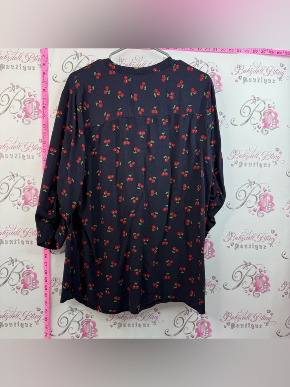 mandee blouse cherries 🍒 printed flowy shirt Navy Blouse with Red Cherry Print - Picture 4 of 11